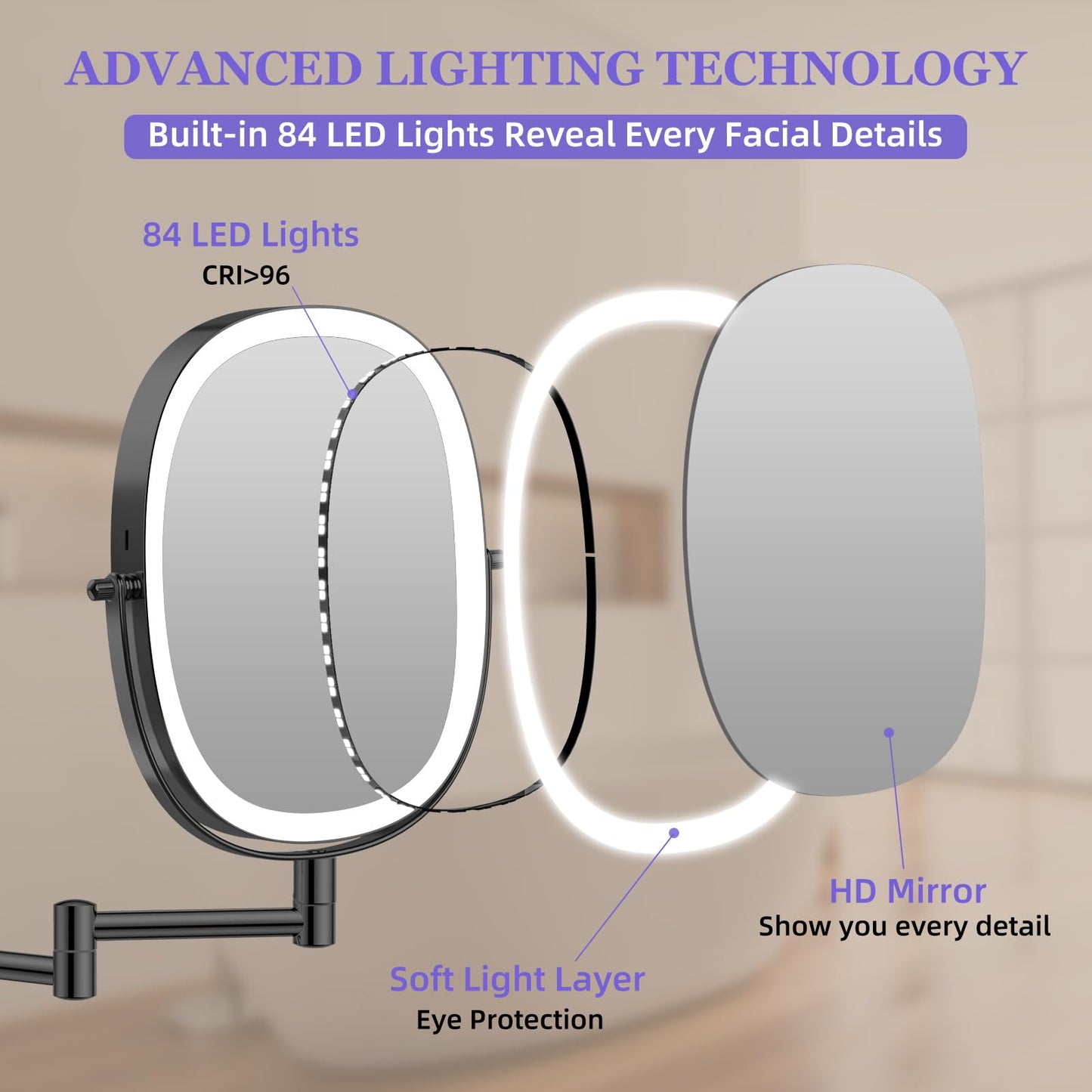 FUNTOUCH 30X/1X Wall Mounted Lighted Makeup Mirror — 5000mAh Battery, 3 Color Lights, 360° Swivel, Foldable, Black