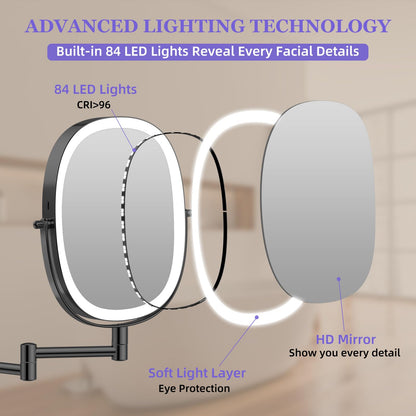 FUNTOUCH 30X/1X Wall Mounted Lighted Makeup Mirror — 5000mAh Battery, 3 Color Lights, 360° Swivel, Foldable, Black