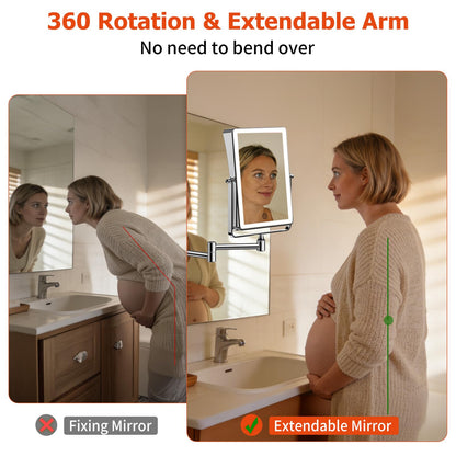 FUNTOUCH 8.7-Inch Wall Mounted Lighted Makeup Mirror | 1X/30X Magnification | 5000mAh Rechargeable, Dimmable 3-Color Lighting
