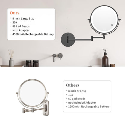 FUNTOUCH 9-Inch 30X/1X Wall Mounted Lighted Makeup Mirror – 5000mAh, 3-Color Lights, Dimmable