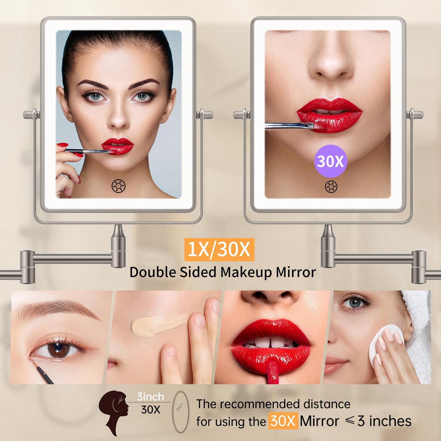 FUNTOUCH 5000mAh Rechargeable Wall Mounted Makeup Mirror - 8.7-inch - 1X/30X Magnification - Dimmable 3-Color LED