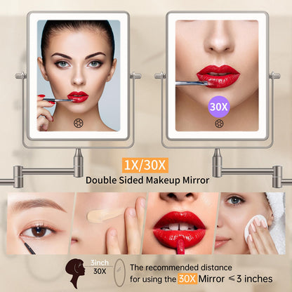FUNTOUCH 5000mAh Rechargeable Wall Mounted Makeup Mirror - 8.7-inch - 1X/30X Magnification - Dimmable 3-Color LED