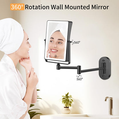 FUNTOUCH 5000mAh Rechargeable Wall-Mounted Makeup Mirror – 8.7-inch Dual-Sided 1X/30X Magnification, Dimmable 3-Color Lighting, 360° Swing Arm