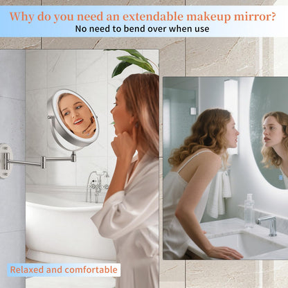 FUNTOUCH 9-Inch LED Wall Mount Makeup Mirror – 30X/1X, 5000mAh, 3-Color Dimmable Lights, Brush Nickel