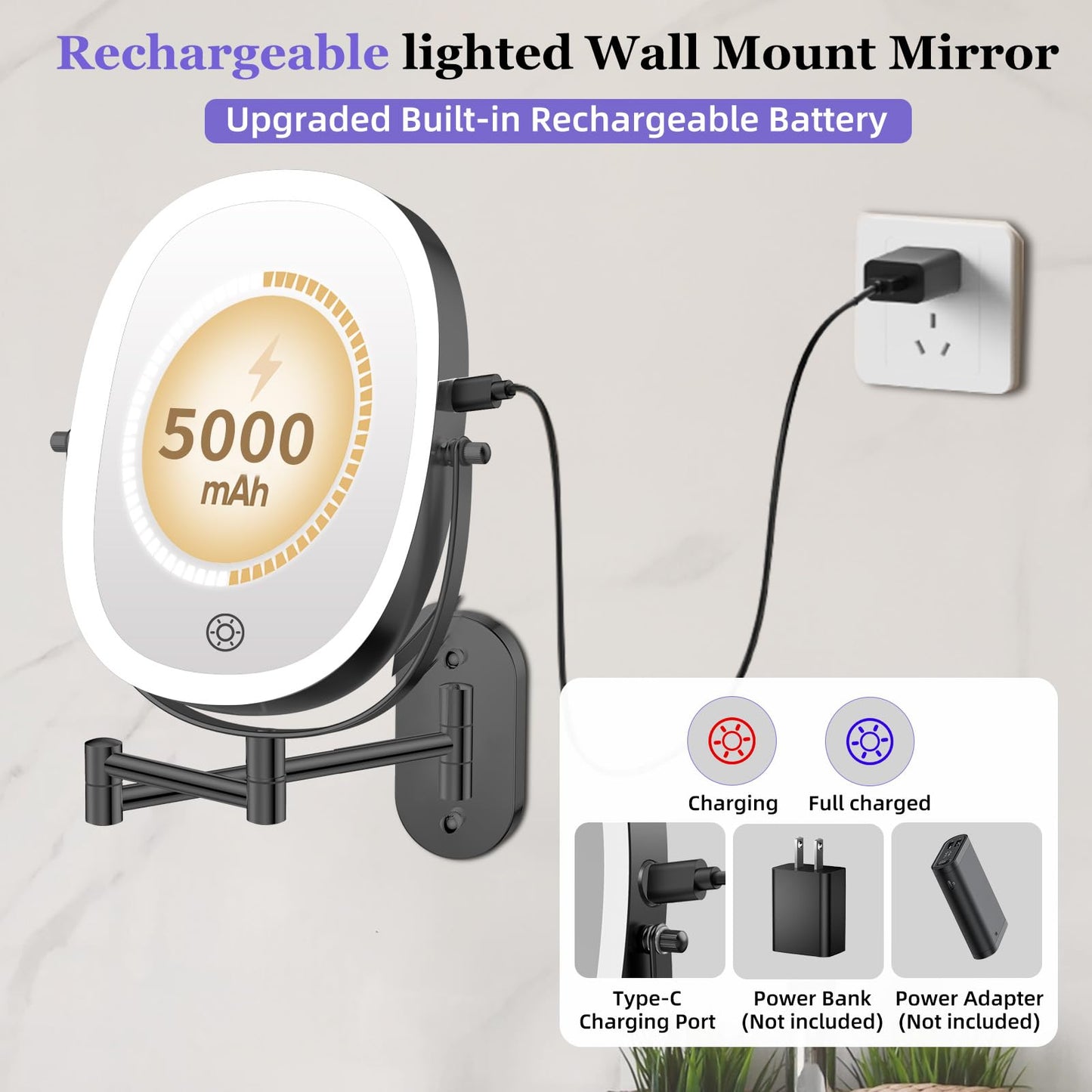 FUNTOUCH 30X/1X Wall Mounted Lighted Makeup Mirror — 5000mAh Battery, 3 Color Lights, 360° Swivel, Foldable, Black