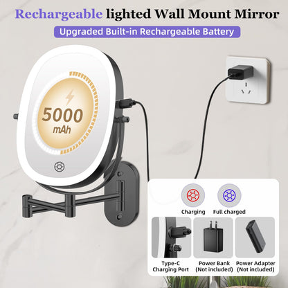 FUNTOUCH 30X/1X Wall Mounted Lighted Makeup Mirror — 5000mAh Battery, 3 Color Lights, 360° Swivel, Foldable, Black