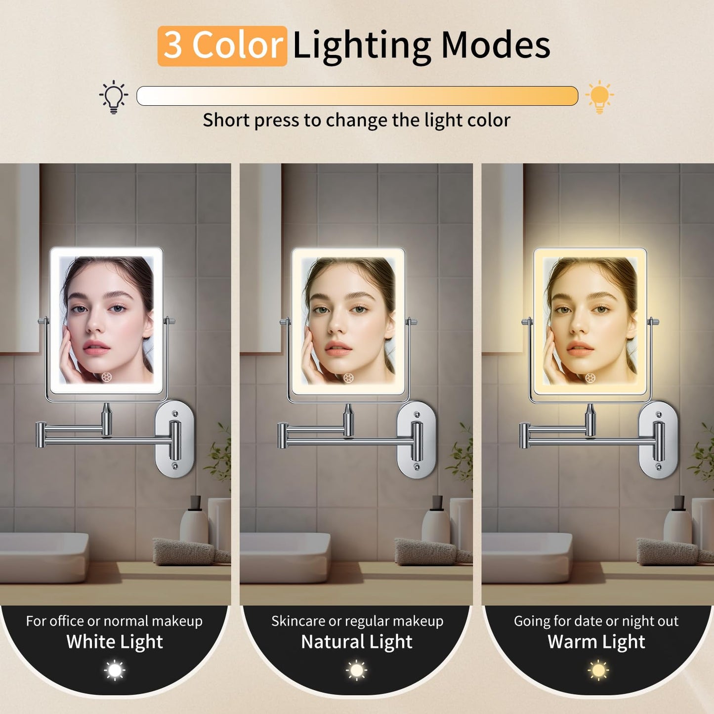 FUNTOUCH 8.7-Inch Wall Mounted Lighted Makeup Mirror | 1X/30X Magnification | 5000mAh Rechargeable, Dimmable 3-Color Lighting