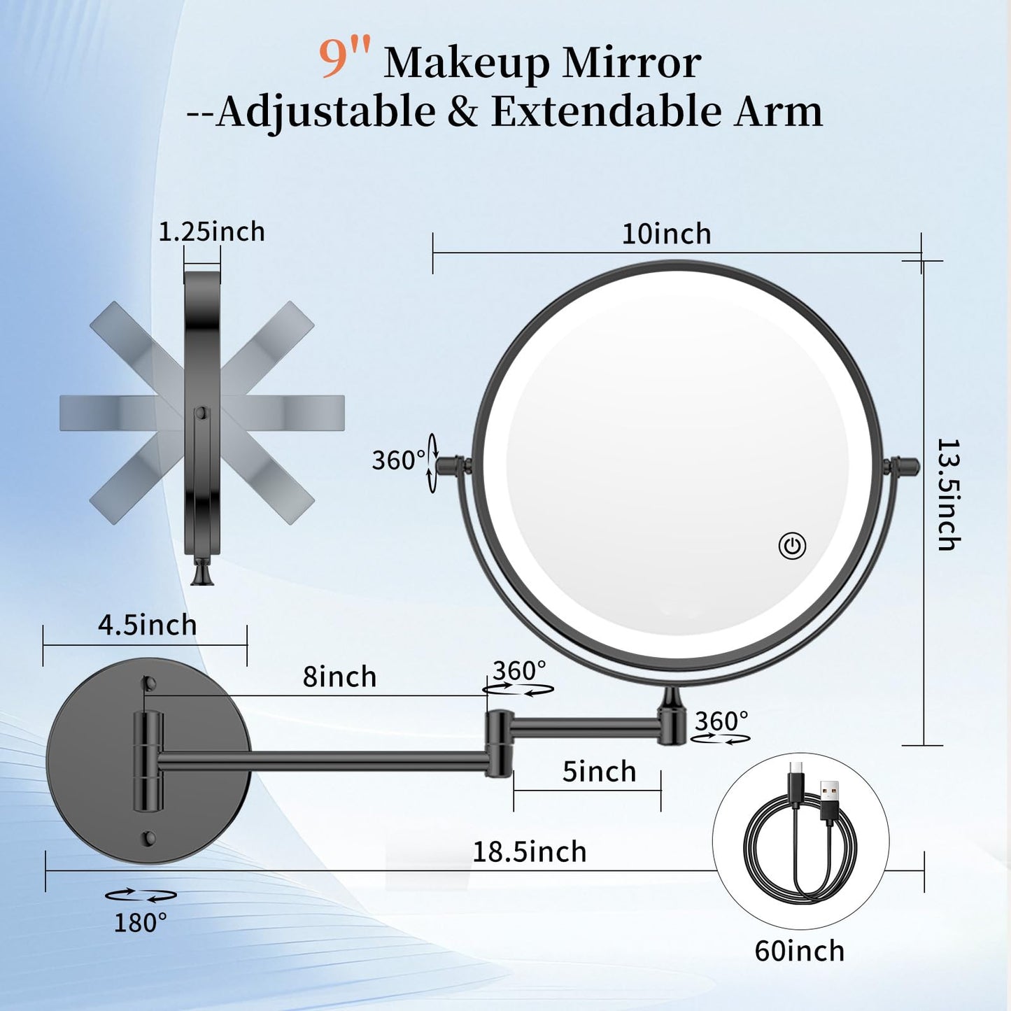 FUNTOUCH 9-Inch 30X/1X Wall Mounted Lighted Makeup Mirror – 5000mAh, 3-Color Lights, Dimmable