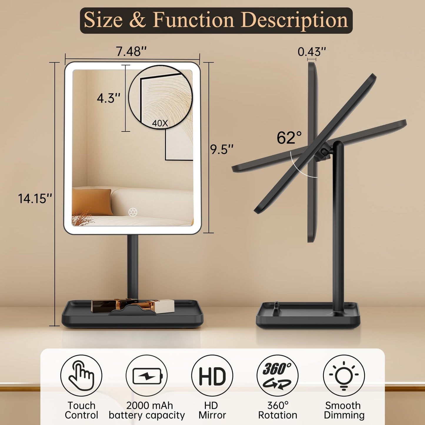 FUNTOUCH Vanity Mirror with Lights – 40X Detachable Magnifier, 84 LEDs, 3 Lighting Modes