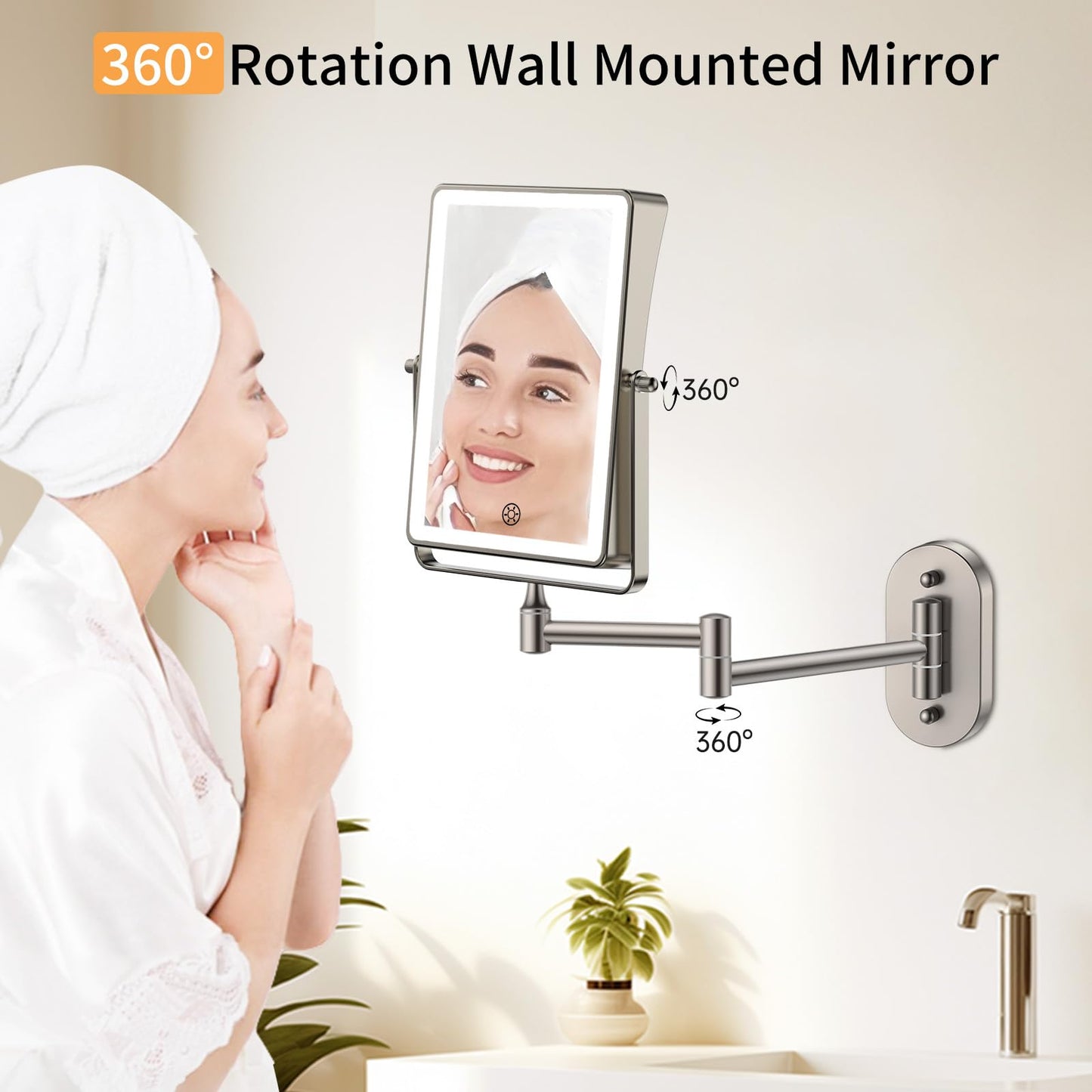 FUNTOUCH 5000mAh Rechargeable Wall Mounted Makeup Mirror - 8.7-inch - 1X/30X Magnification - Dimmable 3-Color LED