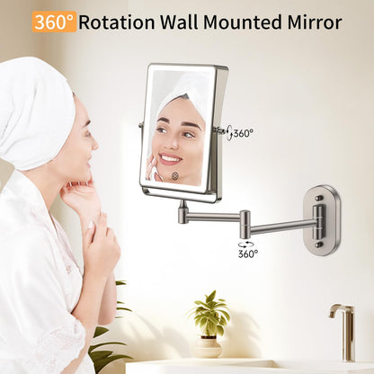 FUNTOUCH 5000mAh Rechargeable Wall Mounted Makeup Mirror - 8.7-inch - 1X/30X Magnification - Dimmable 3-Color LED
