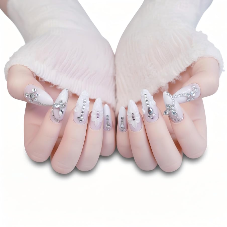 FURNUNUBI Handmade Almond Press-On Nails – Light Purple 3D Butterfly Design for Women