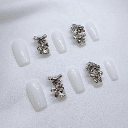 FURNUNUBI Handmade Square Press-On Nails – Ivory White with Crystal Bow Design and 3D Jewels