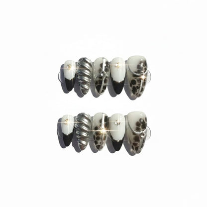FURNUNUBI Handmade Almond Black Press-On Nails | 3D Gothic Metallic Design