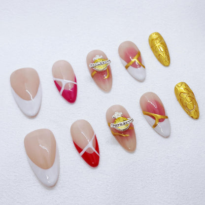 FURNUNUBI Handmade Almond Press-On Nails with 3D Saturn Jewel – Ombre White French Tip