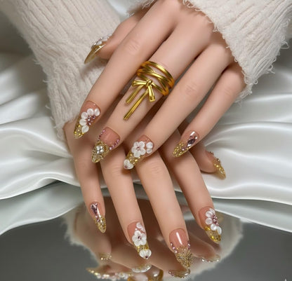 FURNUNUBI Handmade Almond Press-On Nails – Gold Glitter, Crystal Hearts & 3D Flowers