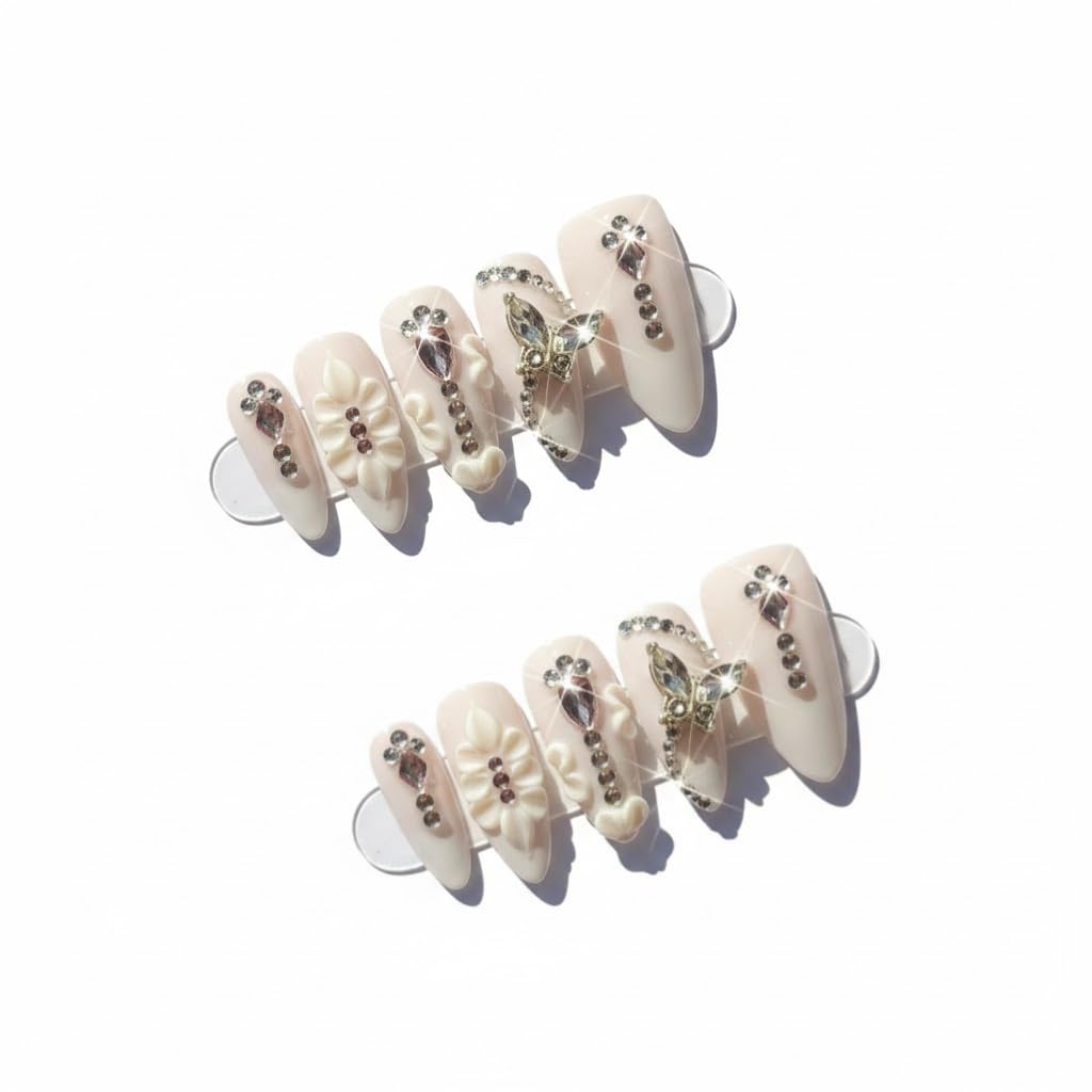 FURNUNUBI Handmade Almond Press-On Nails – Light Purple 3D Butterfly Design for Women