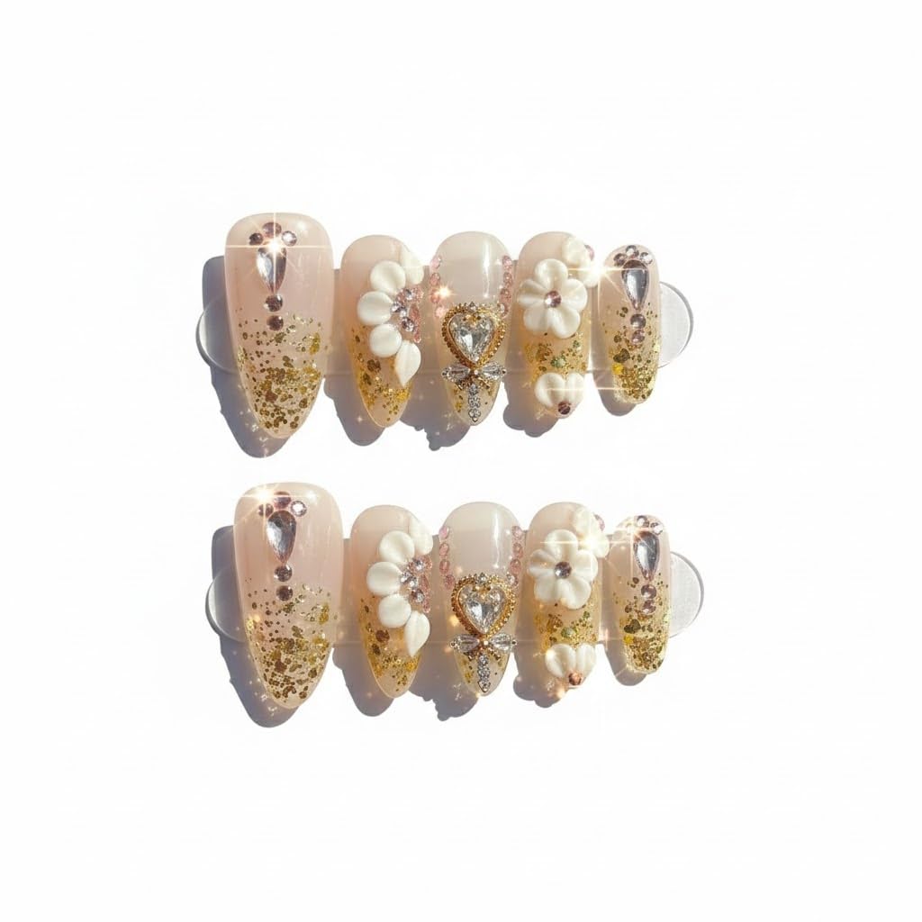 FURNUNUBI Handmade Almond Press-On Nails – Gold Glitter, 3D Flowers & Crystal Hearts
