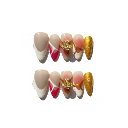 FURNUNUBI Handmade Almond Press-On Nails – 3D Saturn Jewel, Ombre & White French Tip