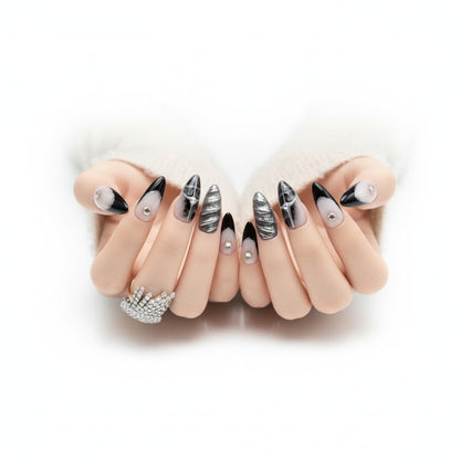 FURNUNUBI Handmade Almond Black Press-On Nails | 3D Gothic Metallic Design