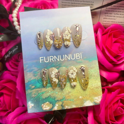 FURNUNUBI Handmade Almond Press-On Nails – Gold Glitter, 3D Flowers & Crystal Hearts