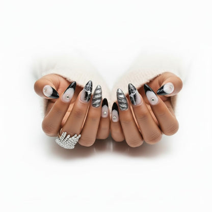 FURNUNUBI Handmade Almond Nails – 3D Gothic Metallic Press-On (XS)