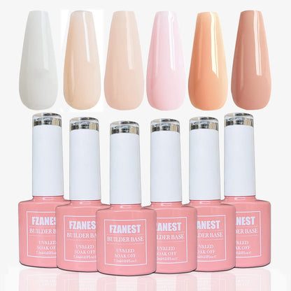 FZANEST Rubber Base Builder Gel Kit – 6x7.5ml, 7-in-1 Nail Strengthener & Nude Pink Colors
