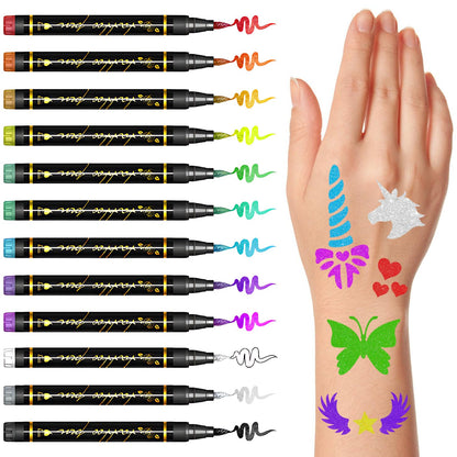 Gabizafia Temporary Tattoo Markers for Skin – 12 Metallic Pens + 160 Stencils
