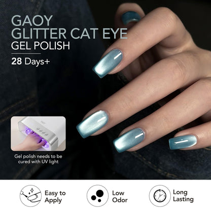 GAOY Blue Cat Eye Gel Nail Polish Set with Magnet – Glitter Holographic Cat Eye, DIY at Home