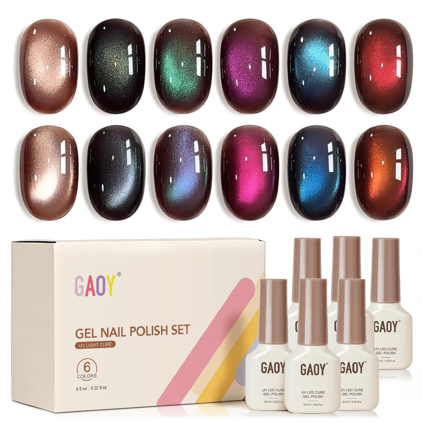 GAOY Brown Chameleon Cat Eye Gel Polish Kit with Magnet – 6 Glitter Holographic Colors