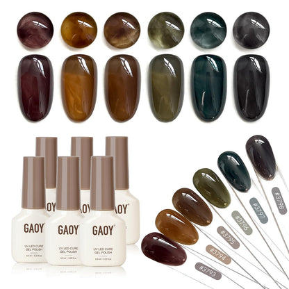 GAOY Dark Gel Nail Polish Set – 6 Milky Jelly Colors (Brown, Green, Black) for Salon or Home Manicures