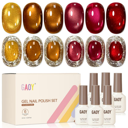 GAOY Glitter Cat Eye Gel Nail Polish Set — 6 Colors with Magnet for Home & Salon Manicures