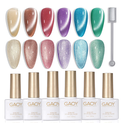 GAOY Glitter Galaxy Cat Eye Gel Nail Polish Set with Magnet – Holographic Cat Eye Nail Art at Home