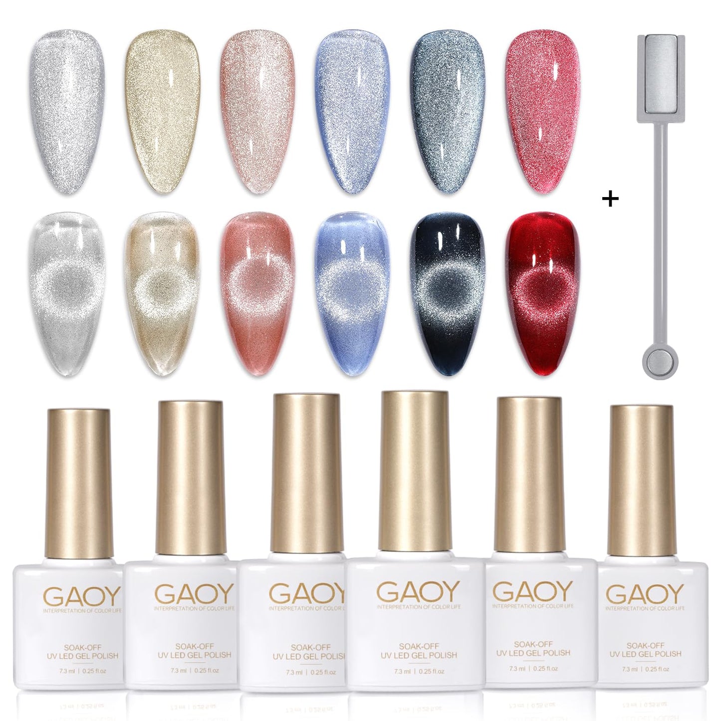 GAOY Holographic Glitter Cat Eye Gel Polish Set - 6 Colors + Free Magnet | Home Nail Art