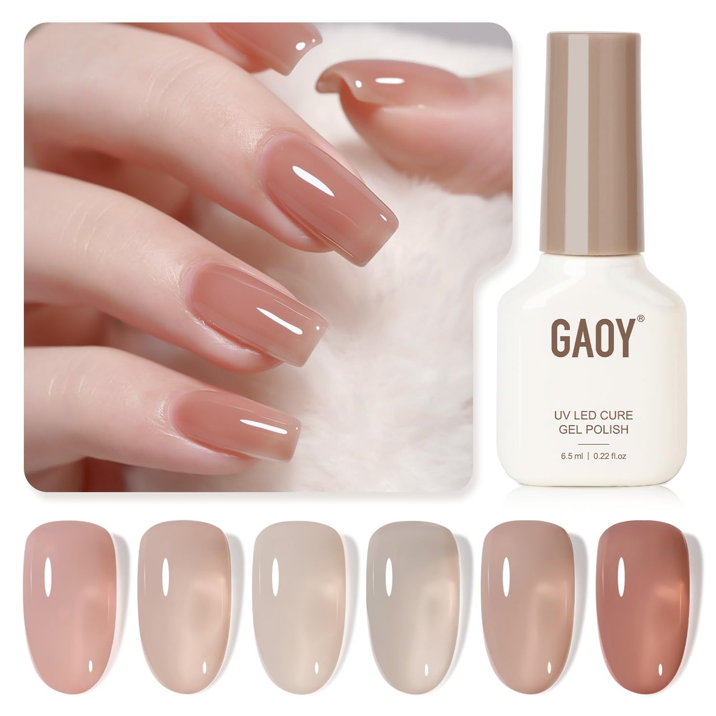 GAOY Jelly UV Gel Nail Polish Kit – 6 Sheer Nude Pink Gray Colors for At-Home Manicures