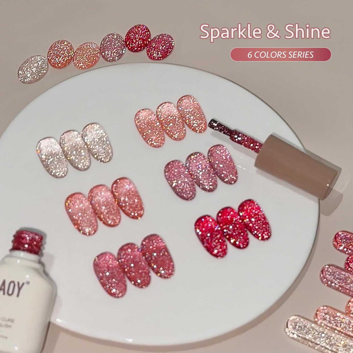 GAOY Glitter Red Gel Nail Polish Set – 6 Pink Peach Reflective Sparkle Colors | Soak Off UV Light Cure for At-Home Manicures