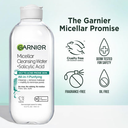 Garnier Micellar Water with Salicylic Acid – All-in-1 Mattifying Cleanser & Makeup Remover (Pack of 2)