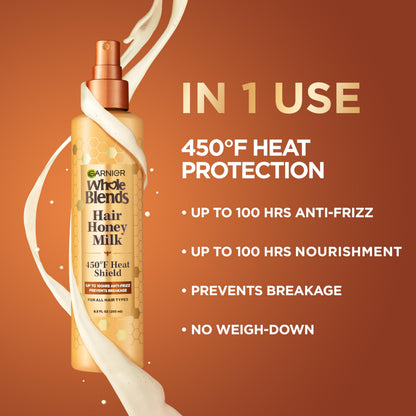 Garnier Whole Blends Hair Honey Milk Heat Protectant Spray – Up to 100Hrs Frizz Control (2 x 8.5 oz)