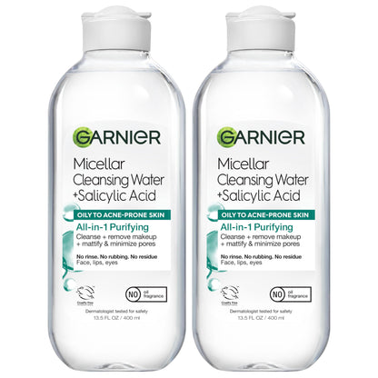 Garnier Micellar Water with Salicylic Acid – All-in-1 Mattifying Cleanser & Makeup Remover (Pack of 2)