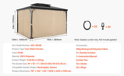 VEVOR Gazebo Curtains 4-Panel Sidewall Gazebo Privacy Curtains with Zippers Universal Sunshade Curtains Replacement for Patio