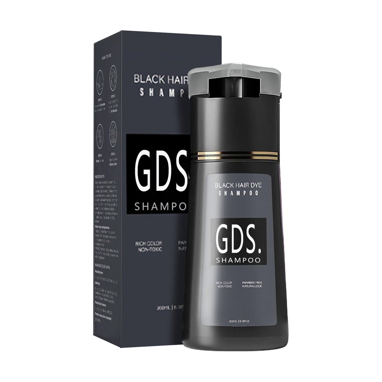 GDS Shampoo Black 4-in-1 Hair Dye Shampoo for Gray Coverage – Instant, Long-Lasting Color (6.76 fl oz)