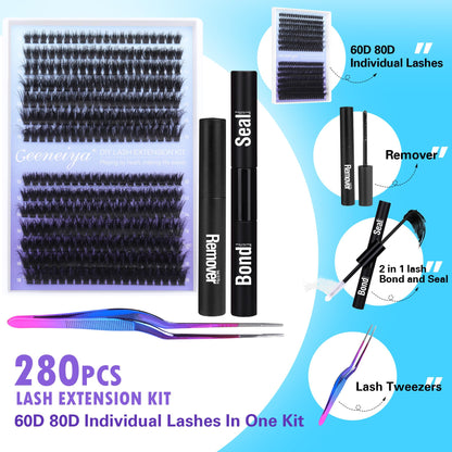 Geeneiya Full Lash Extension Kit – DIY Cluster Lashes with Bond & Seal, Remover, Tweezers (280 Pcs)