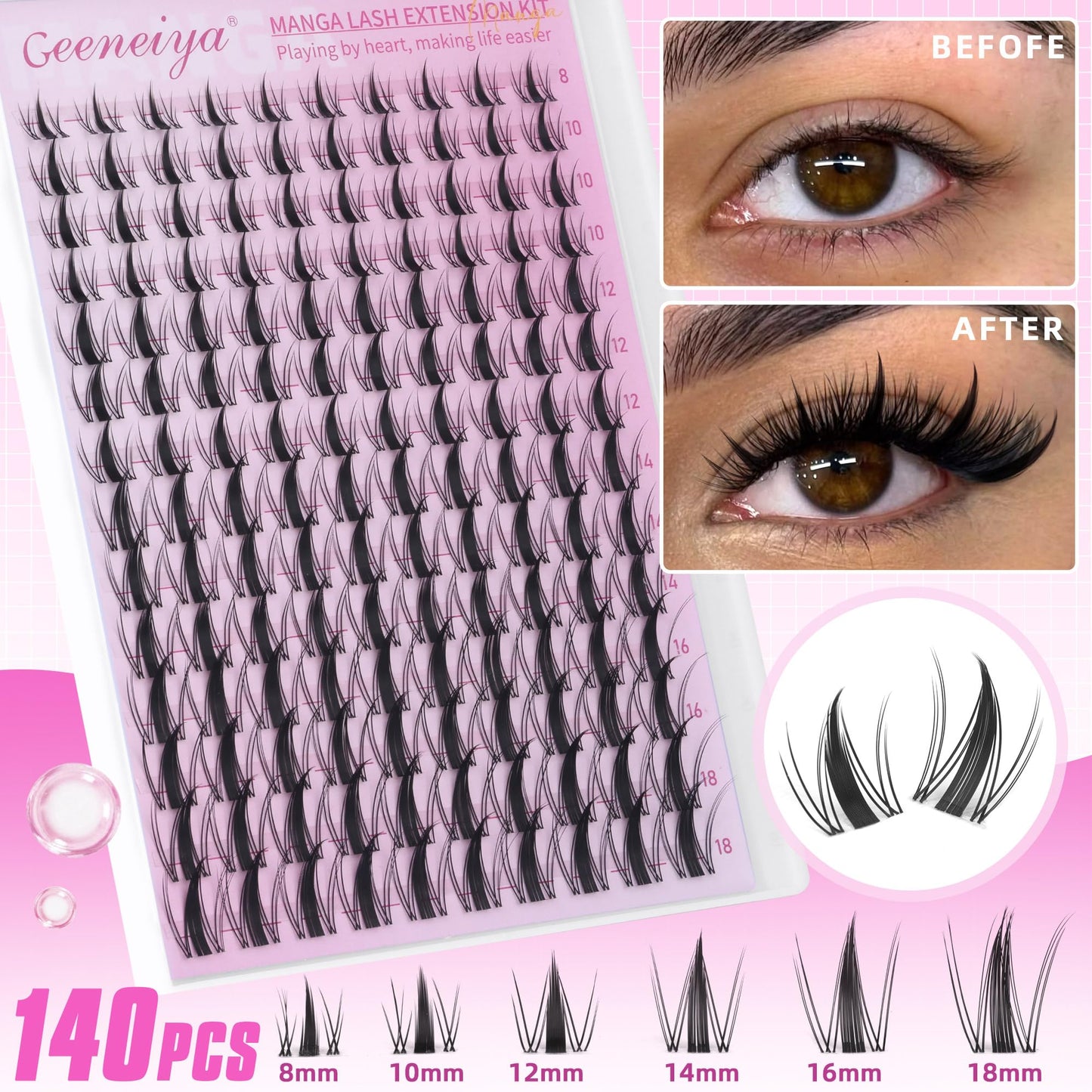 Geeneiya Manga Lashes Clusters Kit – DIY Lash Extensions (8–18mm) with Waterproof Bond & Seal