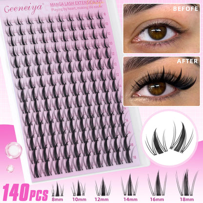 Geeneiya Manga Lashes Clusters Kit – DIY Lash Extensions (8–18mm) with Waterproof Bond & Seal