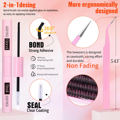 Geeneiya Full Lash Extension Kit 10-18MM Volume Lashes with Bond & Seal, Tweezers