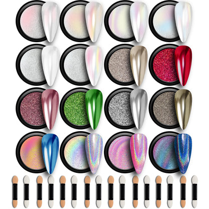 GEL PARTY 16 Colour Chrome & Holographic Nail Powder Kit – Mirror-Effect Gel Nails for UV/LED
