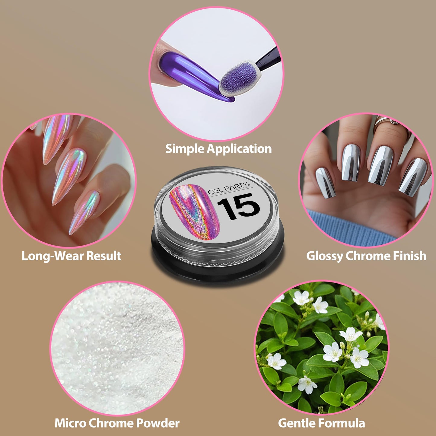 GEL PARTY 16 Colour Chrome & Holographic Nail Powder Kit – Mirror-Effect Gel Nails for UV/LED