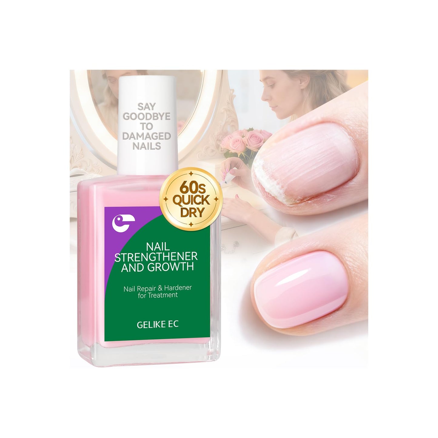 gelike ec Milky Pink Nail Strengthener & Growth Polish – 6-in-1 Ridge Filler (15ml) for Damaged Nails