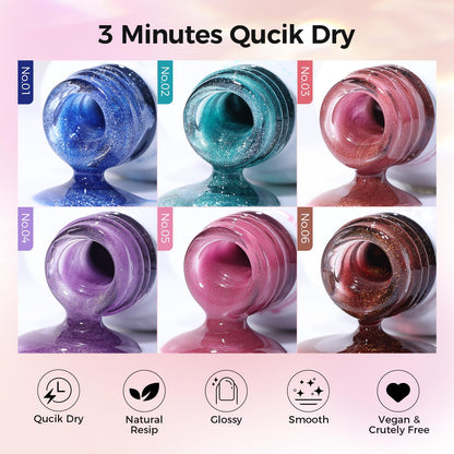 GELLAKTIK 5-in-1 Cat Eye Gel Nail Polish Kit — 6 Colors, 7.5ml (No Base/Top Coat Needed)