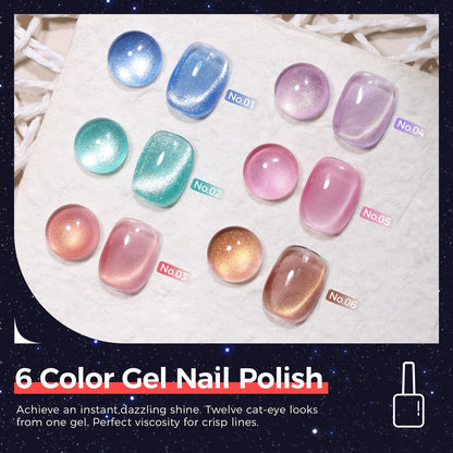 GELLAKTIK 5-in-1 Cat Eye Gel Nail Polish Kit — 6 Colors, 7.5ml (No Base/Top Coat Needed)